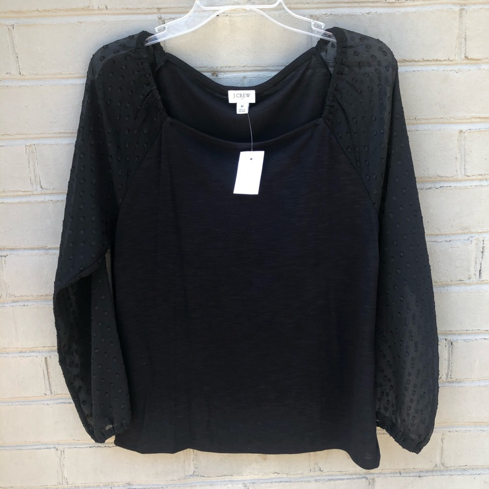 NWT JCrew Black Square Neck TopW/Sheer Dot Sleeve